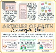 a poster with the words articles of faith scavenger hunt on it and an image of