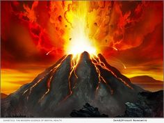 an artistic painting of a volcano erupting lava into the sky