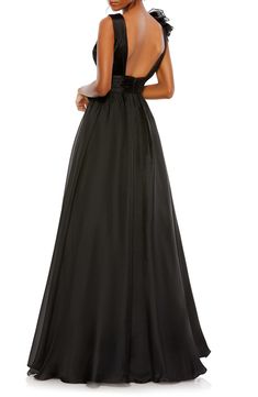 Be the belle of every ball (or prom, or homecoming) in this captivating chiffon gown shaped with an alluringly deep neckline and a riotous cascade of ruffles. 57" length (size 8) Plunge neck Sleeveless Lined 100% polyester Dry clean Imported Asian Owned/Founded Designer Formal Dresses, Formal Ball Gown, Mac Duggal Dresses, Ball Gown Skirt, Prom Girl, Ruched Bodice, Mac Duggal, Satin Gown, Chiffon Gown