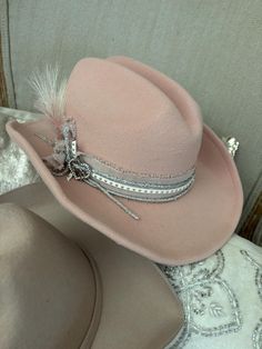 blush color so pretty  3-7 year old or 8-12 year old choose at checkout  Suede cowgirl hat  Georgeous decorative concert hat  One of a kind  White, pinks golds and silvers  Free shipping listing is for one hat Pink Western Felt Hat With Curved Brim, Pink Western Style Felt Hat With Curved Brim, Fitted Pink Hat For Rodeo, Pink Fitted Hat For Rodeo, Fitted Pink Hat For Country Events, Fitted Western Pink Hat, Pink Western Felt Hat For Rodeo, Pink Western Hat For Kentucky Derby, Pink Western Hat For Ranch