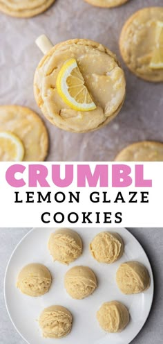 lemon glaze cookies on a white plate with the recipe title at top and bottom