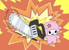 a cartoon character holding a chainsaw in front of an orange and yellow burst background