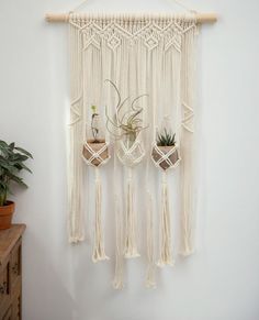 three hanging planters with plants in them on a wall next to a potted plant