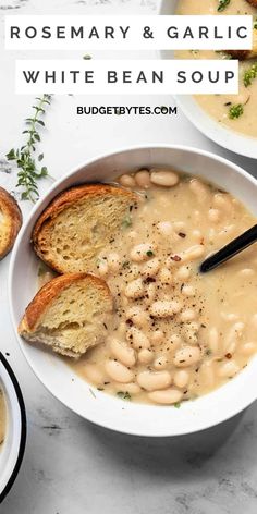 white bean soup in a bowl with bread on the side and text overlay reading rosemary & garlic white bean soup