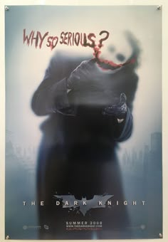 the dark knight movie poster is displayed in front of a white background with black lettering that says, why so serious?