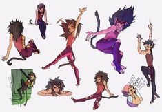 some very cute cartoon characters with different poses and hair color variations on their bodys