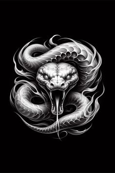 a black and white drawing of a snake with its head in the middle of it's body