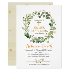 Gold Greenery Wreath Watercolor floral First Holy Communion Invitation perfect for your son or daughter. Very modern and elegant for your party. Baptismal Party, Communion Decor, Boys First Communion, Holy Communion Invitations