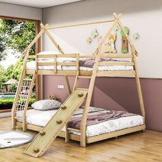 a child's bedroom with bunk beds and slide in the floor, next to an open window