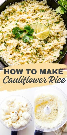 how to make cauliflower rice in a cast iron skillet with lemon wedges and parsley