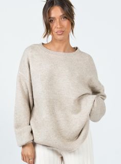 Ryanna Sweater Beige Princess Polly  long Neutral Soft Knit Crew Neck Top, Beige Stretch Knit Top With Ribbed Neckline, Neutral Oversized Knit Top, Oversized Knit Top With Ribbed Neckline, Oversized Neutral Knit Top, Oversized Knit Top In Neutral Color, Oversized Beige Sweater With Ribbed Neckline, Stretch Knit Sweater With Soft Texture, Oversized Tops With Soft Texture