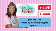 a woman with glasses is smiling for the camera while holding a sign that reads join me live tuesday & friday nights 7pm cst