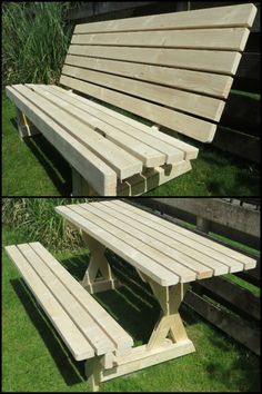 two pictures of a bench made out of wooden planks in the grass, one is empty