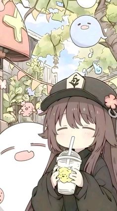 an anime character holding a drink in her hand