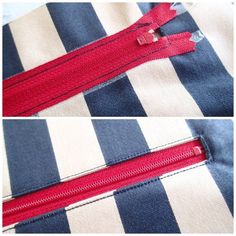 two zippers are open on the side of a blue and white striped bag with red trim