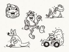 four cartoon drawings of people and animals in various poses, including a man driving a toy car