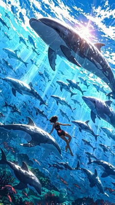 a woman swimming in the ocean surrounded by sharks and dolphins, with sunlight shining through the water