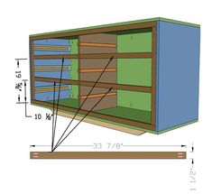 the measurements for an open bookcase are shown in blue and green, with shelves on each side