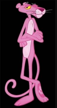 the pink cat is standing with his arms crossed and eyes wide open, in front of a black background