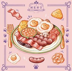 a plate with eggs, sausages and bacon on it