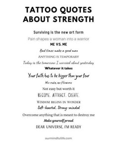 an advertisement with the words tattoo quotes about strength and meaning in black ink on white paper