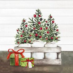 a painting of christmas trees in pots with presents on the ground next to it and a red bow