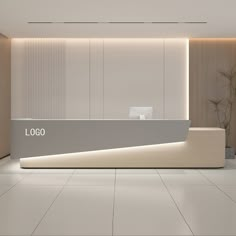 a reception area with white tile flooring and wood paneling on the wall behind it