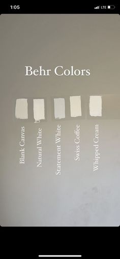 an image of some white paint colors on a gray background with the words behr colors below it