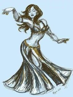 a drawing of a woman in a long dress with her arms spread out and hands outstretched