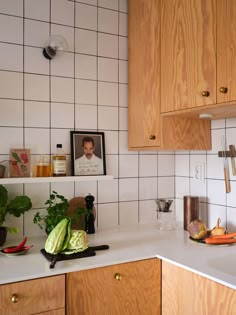 the kitchen counter is clean and ready to be used as a cook's space