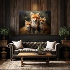 a living room scene with focus on the couch and two foxes in the foreground