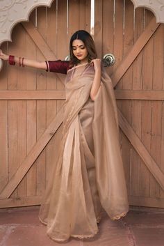 Golden Organza Saree, Brown Organza Saree, Kerala Saree Blouse Designs, Traditional Blouse Designs, Indian Designer Sarees