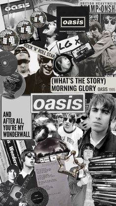 the oasis band collaged in black and white with their album cover art work