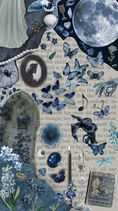 an altered collage with blue butterflies and other things on it, including a woman's head