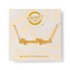 The perfect gift of Sisterhood! Our Sorority Sisterhood Retro Necklace features your sorority name or nickname dipped in 18k gold! This necklace comes with a perfectly giftable backer card with gold foil printing. Perfect for gifting. Perfect for a bid day gift, big little gift or a treat for yourself! Stainless Steel Chain and Pendant Premium 18k gold vacuum plating Perfect size - 16 inch chain length with 2" of extra links for adjusting Pendant height 10mm Sorority Accessories, Bid Day Gifts, Delta Zeta Sorority, Sorority Sisterhood, Sorority Names, Theta Phi Alpha, Retro Necklace, Foil Printing, Big Little Gifts