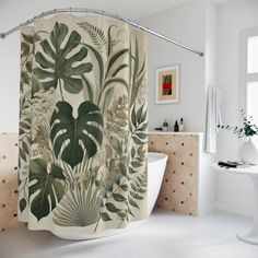 a bath room with a shower curtain and a tub