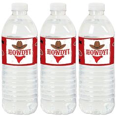 three bottled water bottles with cowboy hats on them