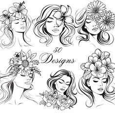 four beautiful women with flowers in their hair and the words 3 designs written on them