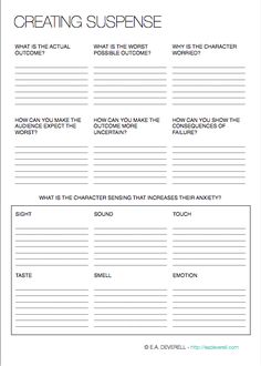 the character sheet for creating suspense in an upcoming novel, with text and pictures on it