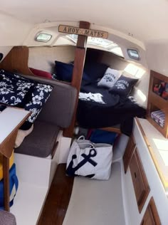 the interior of a small boat with lots of storage