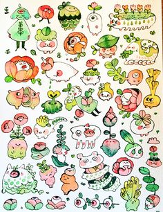 a drawing of many different kinds of plants and animals on white paper with watercolor pencils