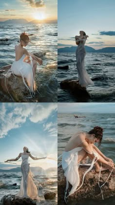 four photos of a woman in white dress sitting on rocks near the ocean with her arms outstretched