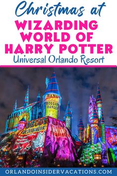 christmas at wizard's world of harry potter universal orlando resort with text overlay