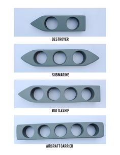 four different types of knives with names in each one's center hole and the words destroyer submarine, battle ship, aircraft carrier