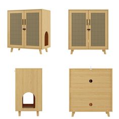 four different types of wooden furniture including a cabinet, dog house and litter box with doors