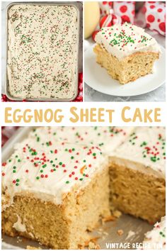 eggnog sheet cake with white frosting and sprinkles