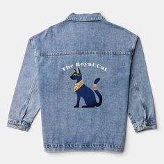 a denim jacket with an embroidered cat on the back and slogan,'the royal cat '