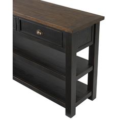 a wooden table with two drawers on one side and an open shelf on the other