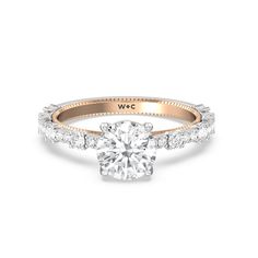 a diamond engagement ring with two rows of diamonds on the band and a round center stone