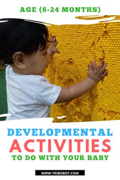 a young child touching the side of a wall made out of corn cobs with text overlay that reads, developmental activities to do with your baby age 6 - 24 months